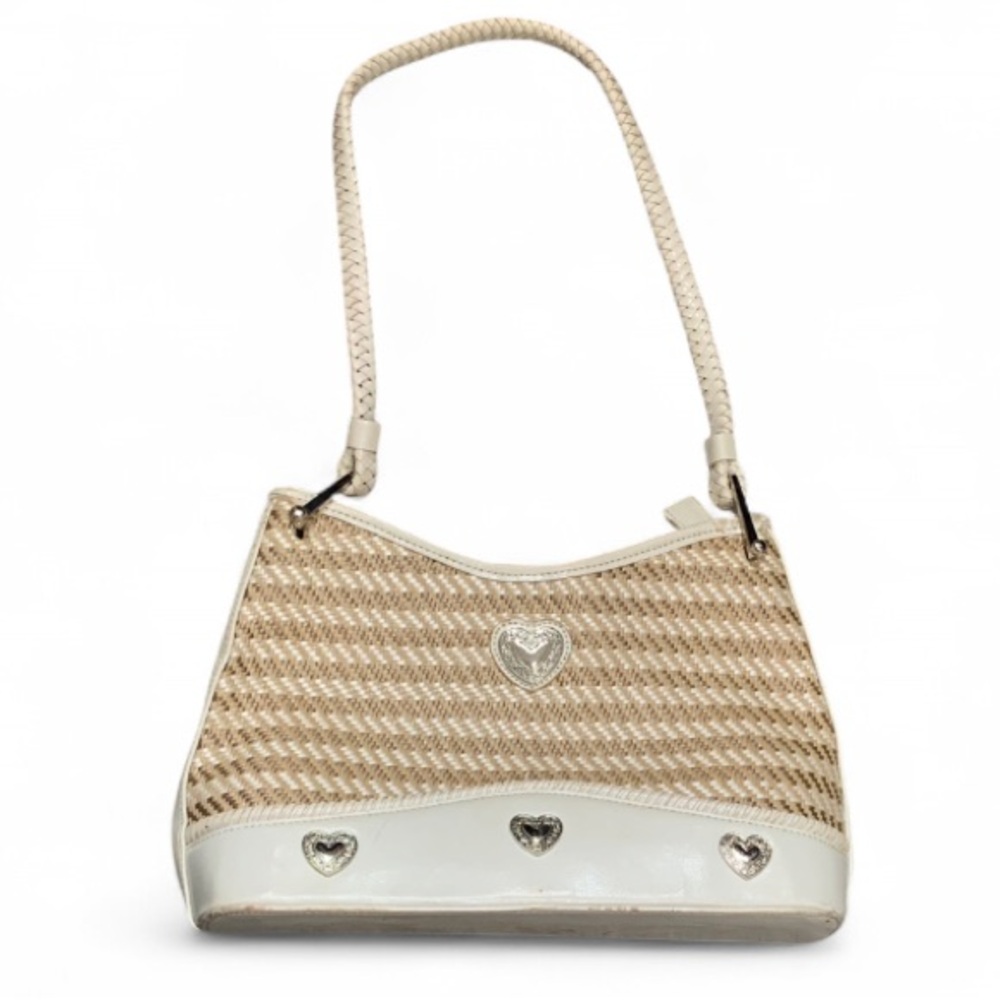 Y2K Tan White Heart Embellished Shoulder Bag